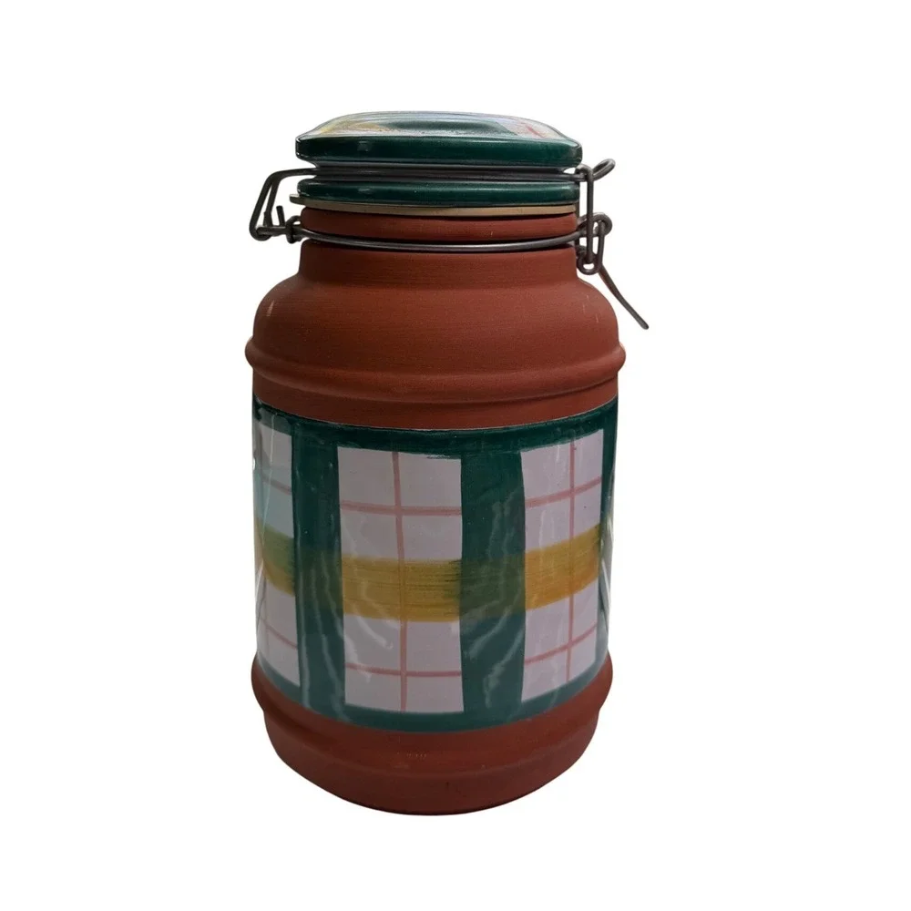 Vintage Pier 1 Imports Hand Painted Italian Ceramic Canister Jar Clamp Lid Italy